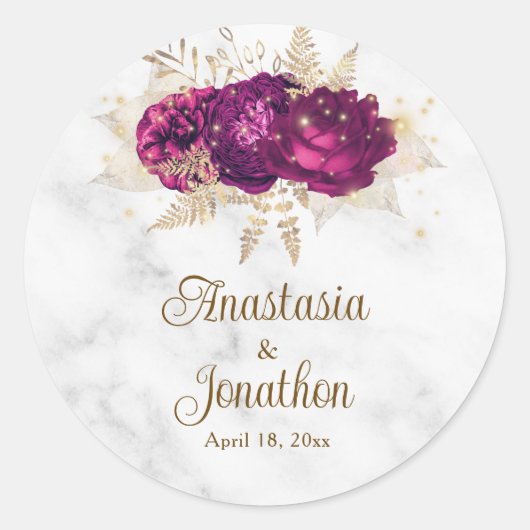 Elegant Fuchsia Pink Floral Gold Framed Wedding Ronde Sticker (Voorkant)