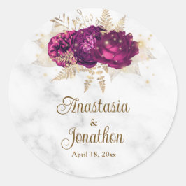 Elegant Fuchsia Pink Floral Gold Framed Wedding Ronde Sticker
