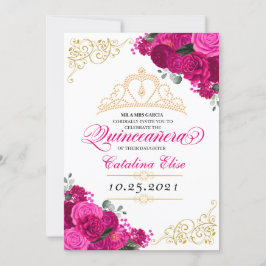 Elegant Fuchsia Pink Floral Quinceanera Birthday Kaart