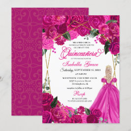 Elegant Fuchsia Pink Floral Quinceanera Birthday Kaart
