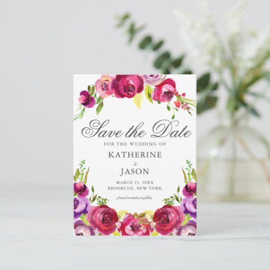 Elegant Fuchsia Pink Floral Spring Save the Date Briefkaart (Staand voorkant)