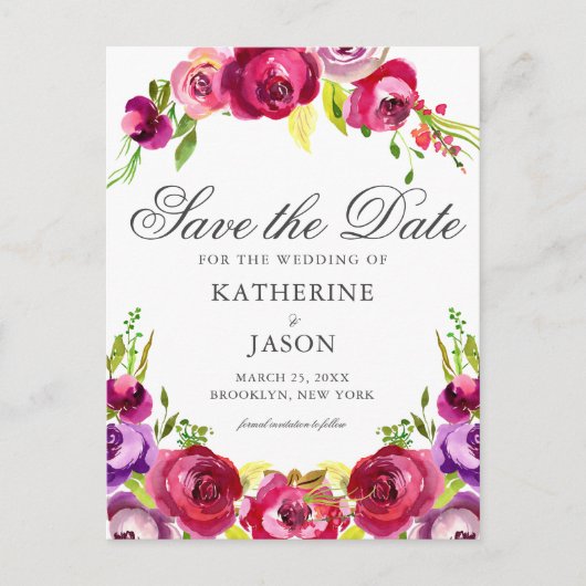 Elegant Fuchsia Pink Floral Spring Save the Date Briefkaart (Voorkant)