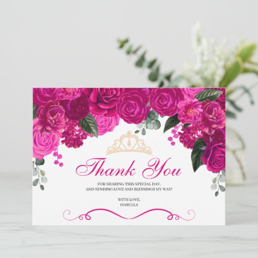 Elegant Fuchsia Pink Gold Floral Quinceanera Bedankkaart (Staand voorkant)
