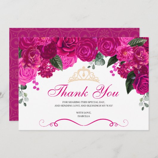 Elegant Fuchsia Pink Gold Floral Quinceanera Bedankkaart (Voorkant / Achterkant)