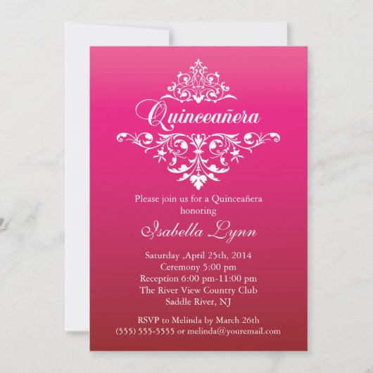 Elegant Fuchsia Pink Ombre Quinceañera Partij Kaart (Voorkant)