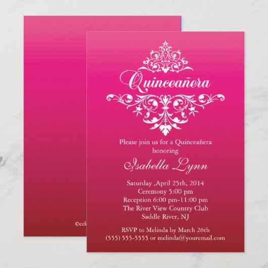 Elegant Fuchsia Pink Ombre Quinceañera Partij Kaart (Voorkant / Achterkant)