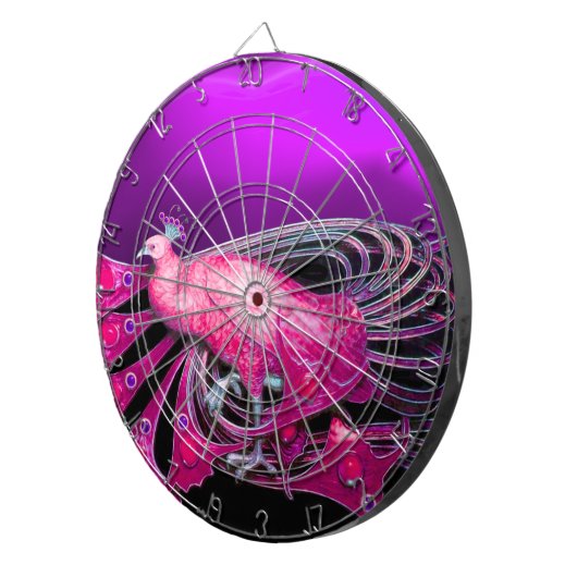 ELEGANT FUCHSIA PINK PEACOCK IN PAARS DARTBORD (Voorkant Rechts)