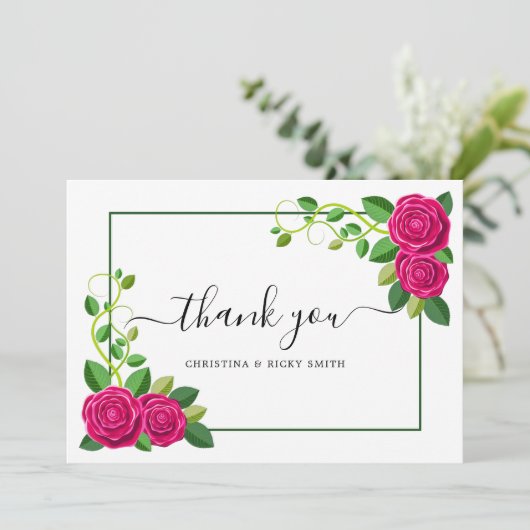 Elegant Fuchsia Pink Rose Bouquet Flowers Weddensc Bedankkaart (Staand voorkant)