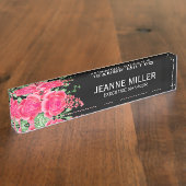 Elegant Fuchsia Pink Rose Flowers Manager Black Naambordje (Zijkant)
