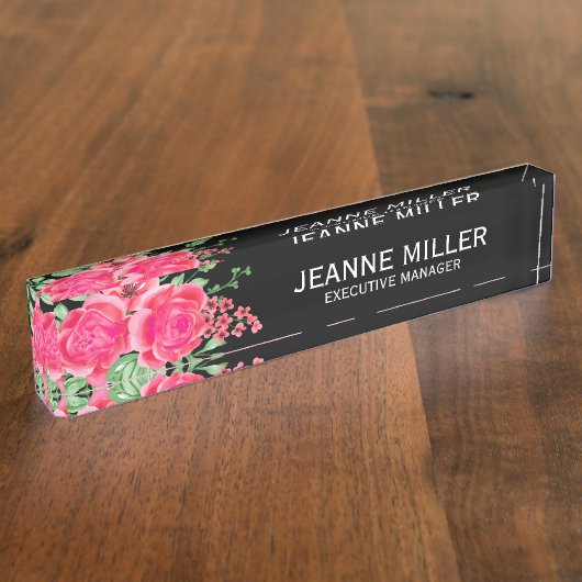 Elegant Fuchsia Pink Rose Flowers Manager Black Naambordje (Zijkant)