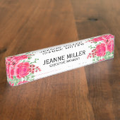 Elegant Fuchsia Pink Rose Flowers Manager White Naambordje (Zijkant)