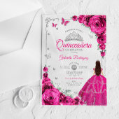 Elegant Fuchsia Pink Roses Silver Quinceanera Acryl Uitnodigingen
