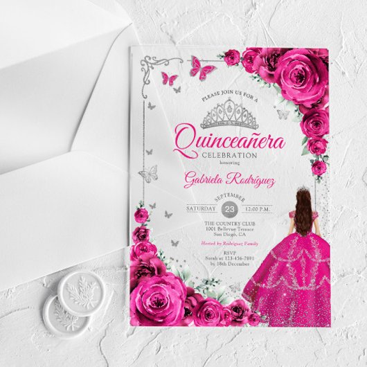 Elegant Fuchsia Pink Roses Silver Quinceanera Acryl Uitnodigingen