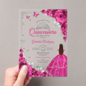 Elegant Fuchsia Pink Roses Silver Quinceanera Acryl Uitnodigingen (Insitu (Draagbaar))