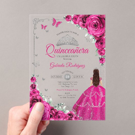 Elegant Fuchsia Pink Roses Silver Quinceanera  Acryl Uitnodigingen (Insitu (Draagbaar))