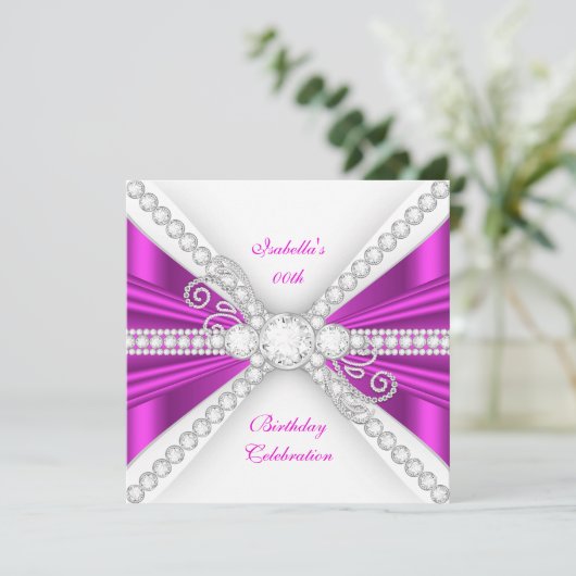 Elegant Fuchsia Pink Silver Diamond Birthday Party Kaart (Staand voorkant)