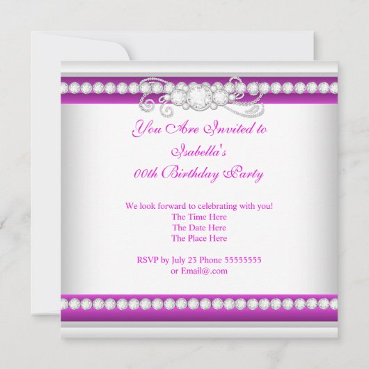 Elegant Fuchsia Pink Silver Diamond Birthday Party Kaart (Achterkant)