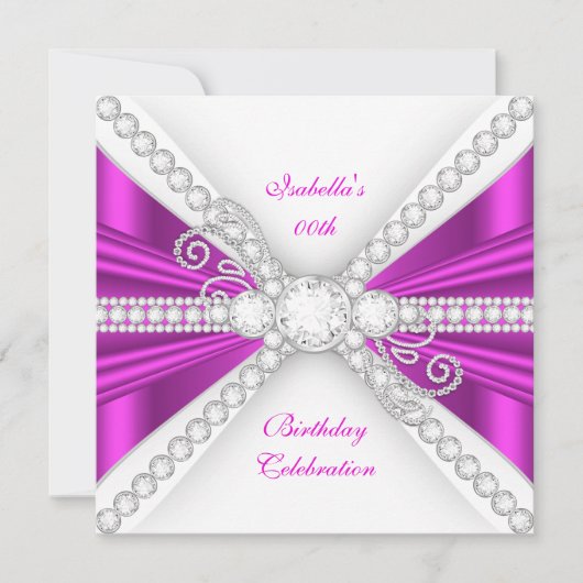 Elegant Fuchsia Pink Silver Diamond Birthday Party Kaart (Voorkant)