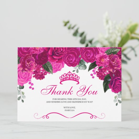 Elegant Fuchsia Pink Silver Floral Quinceanera Bedankkaart (Staand voorkant)