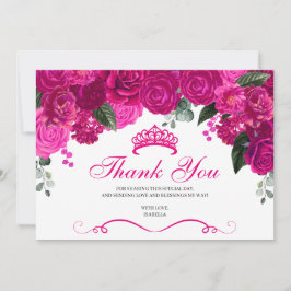 Elegant Fuchsia Pink Silver Floral Quinceanera Bedankkaart