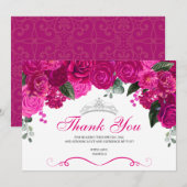 Elegant Fuchsia Pink Silver Floral Quinceanera Bedankkaart (Voorkant / Achterkant)
