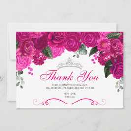 Elegant Fuchsia Pink Silver Floral Quinceanera Bedankkaart