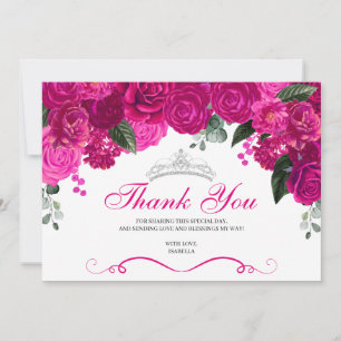 Elegant Fuchsia Pink Silver Floral Quinceanera Bedankkaart