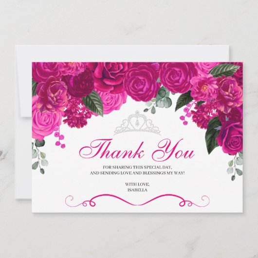 Elegant Fuchsia Pink Silver Floral Quinceanera Bedankkaart (Voorkant)