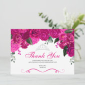 Elegant Fuchsia Pink Silver Floral Quinceanera Bedankkaart (Staand voorkant)