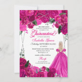 Elegant Fuchsia Pink Silver Floral Quinceanera Inv Kaart (Voorkant)