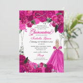 Elegant Fuchsia Pink Silver Floral Quinceanera Inv Kaart (Staand voorkant)