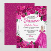 Elegant Fuchsia Pink Silver Floral Quinceanera Inv Kaart (Voorkant / Achterkant)