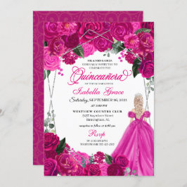 Elegant Fuchsia Pink Silver Floral Quinceanera Inv Kaart