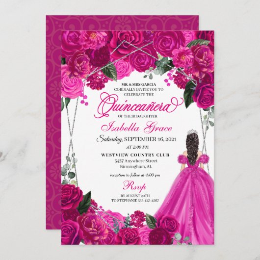 Elegant Fuchsia Pink Silver Floral Quinceanera Inv Kaart (Voorkant / Achterkant)