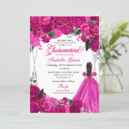 Elegant Fuchsia Pink Silver Floral Quinceanera Inv Kaart