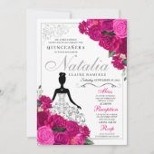 Elegant Fuchsia Pink Silver Floral Quinceanera Kaart (Voorkant)