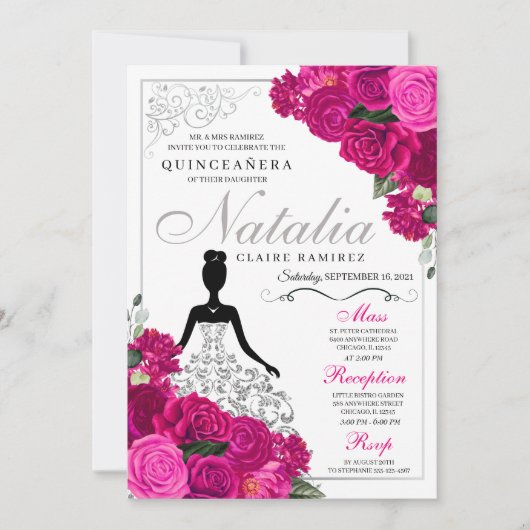Elegant Fuchsia Pink Silver Floral Quinceanera Kaart (Voorkant)