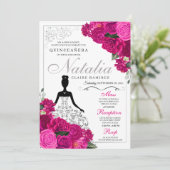 Elegant Fuchsia Pink Silver Floral Quinceanera Kaart (Staand voorkant)