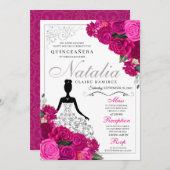 Elegant Fuchsia Pink Silver Floral Quinceanera Kaart (Voorkant / Achterkant)