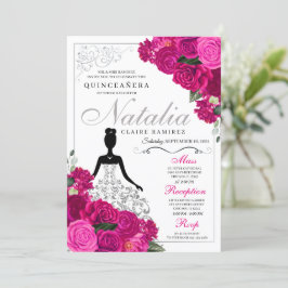 Elegant Fuchsia Pink Silver Floral Quinceanera Kaart