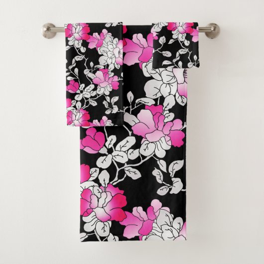 Elegant Fuchsia Pink White Black Floral Pattern Bad Handdoek (Insitu)