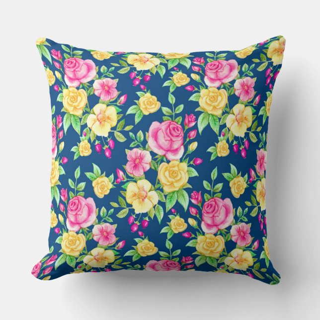 Elegant Fuchsia Pink Yellow Rose Floral Pattern Kussen (Voorkant)