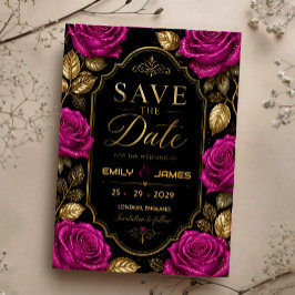 Elegant Fuchsia Rose and Gold Luxury Black Floral Save The Date