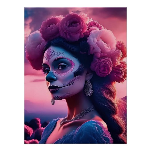 Elegant Fuchsia Roses Day of the Dead Catrina Perfect Poster (Voorkant)