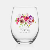 Elegant Fuchsia Roze Bloemen Bruidsmeisje Bruiloft Wijnglas Zonder Voet (Voorkant)