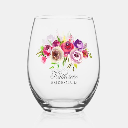 Elegant Fuchsia Roze Bloemen Bruidsmeisje Bruiloft Wijnglas Zonder Voet (Voorkant)