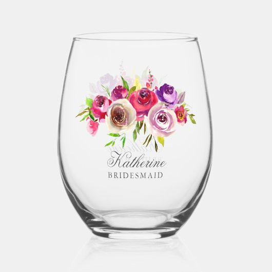 Elegant Fuchsia Roze Bloemen Bruidsmeisje Bruiloft Wijnglas Zonder Voet (Achterkant)