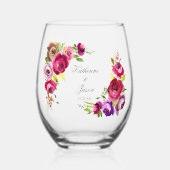 Elegant Fuchsia Roze Bloemen Bruiloft Keepsake Wijnglas Zonder Voet (Voorkant)