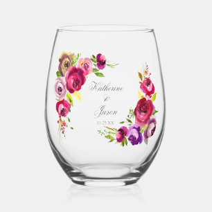 Elegant Fuchsia Roze Bloemen Bruiloft Keepsake Wijnglas Zonder Voet