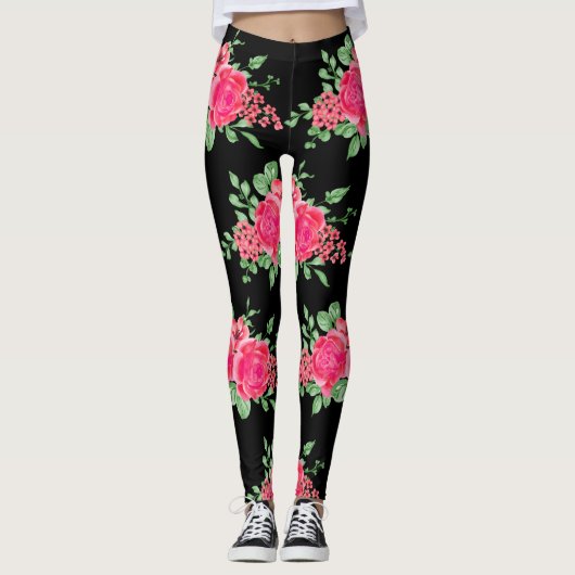 Elegant Fuchsia roze roze roze zwart Leggings (Voorkant)